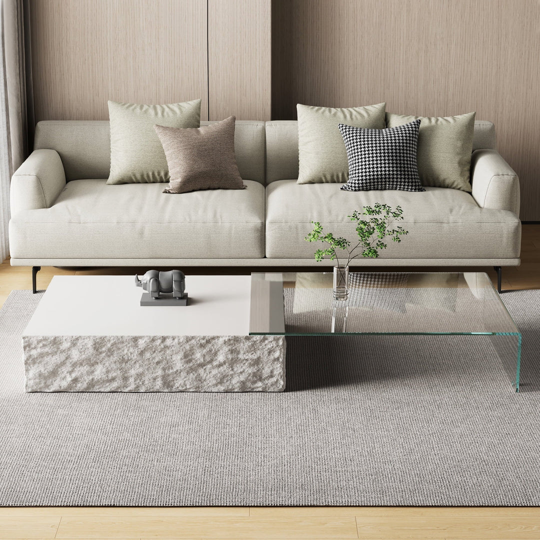 NessCarsti Extendable Faux Marble Coffee Table with Glass Center, Rectangular Cocktail Table for Living Room, Bedroom, or Office, 39.37"–74.8", White