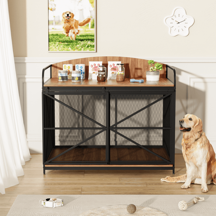 Noaman 42.8" Heavy Duty Farmhouse Dog Crate Furniture, Wooden Indoor Kennel & End Table for Large Dogs, Brown, Supports Up to 110lbs