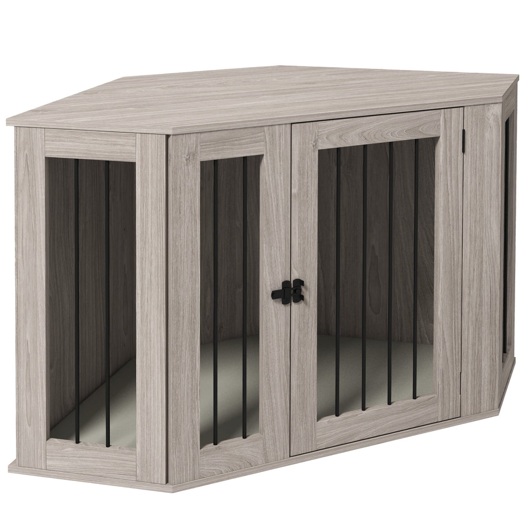 Noaman PawHut Corner Dog Crate Furniture, End Table Kennel for Large Dogs Up to 66lbs, 47.75"L x 24"W x 27.75"H, Walnut Brown with Cushion