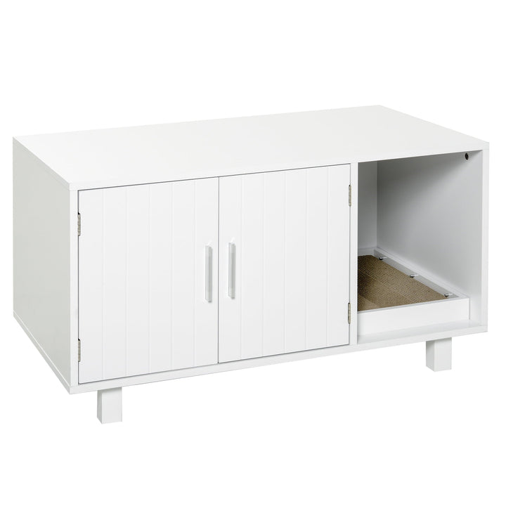 Noaman Wooden Cat Litter Box Enclosure & House with End Table Design, Magnetic Doors & Cat Scratcher, Multi-Functional Hidden Washroom for Kitty, White, 35.75"L x 20.5"W x 20"H