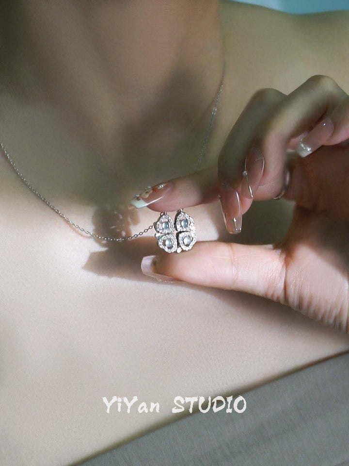One Style for Dual-Wear | Lucky Four-Leaf Clover Natural Emerald Necklace Female S925 Loving Heart in Sterling Silver Pendant Accessible Luxury Clavicle Chain