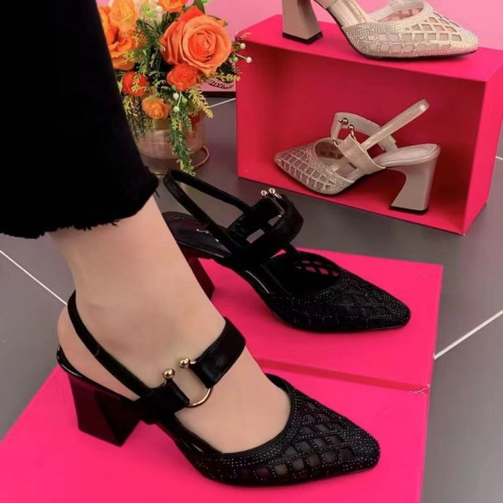 2024 Women's Summer Baotou High Heel One line Buckle Thick Heel Hollow Sandals  35--40