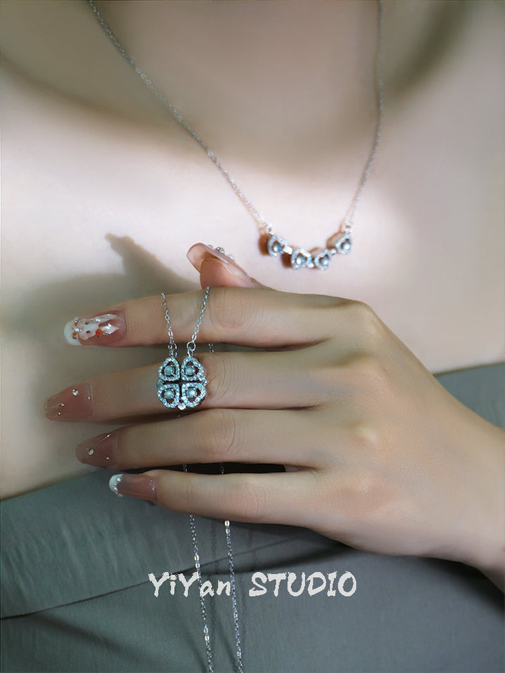 One Style for Dual-Wear | Lucky Four-Leaf Clover Natural Emerald Necklace Female S925 Loving Heart in Sterling Silver Pendant Accessible Luxury Clavicle Chain