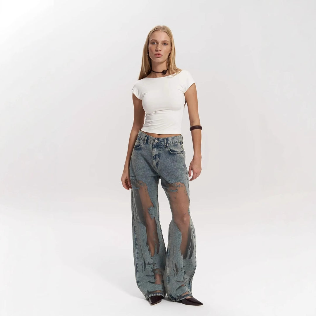 Retro Straight-leg Pants Hollow Texture Gradient Jeans