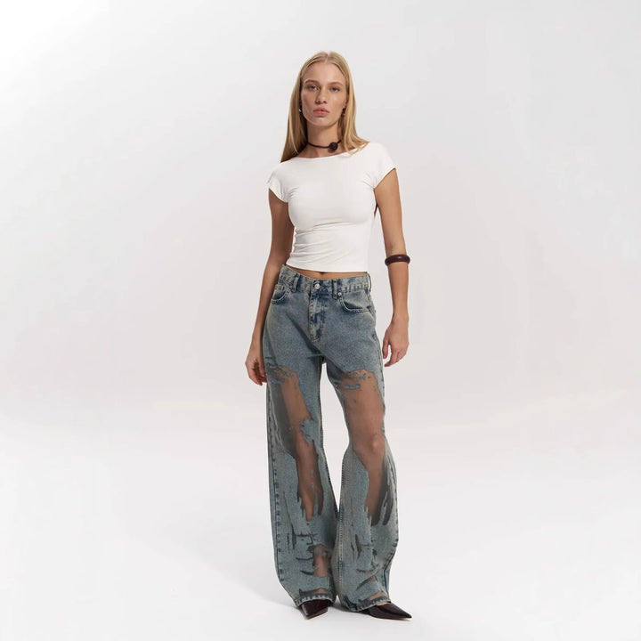 Retro Straight-leg Pants Hollow Texture Gradient Jeans