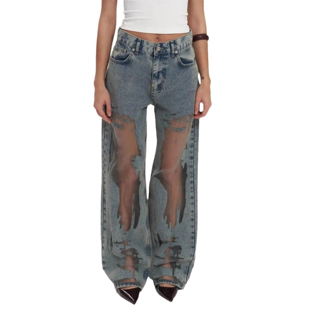 Retro Straight-leg Pants Hollow Texture Gradient Jeans
