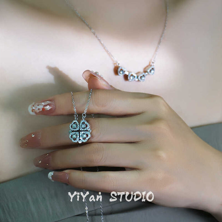 One Style for Dual-Wear | Lucky Four-Leaf Clover Natural Emerald Necklace Female S925 Loving Heart in Sterling Silver Pendant Accessible Luxury Clavicle Chain