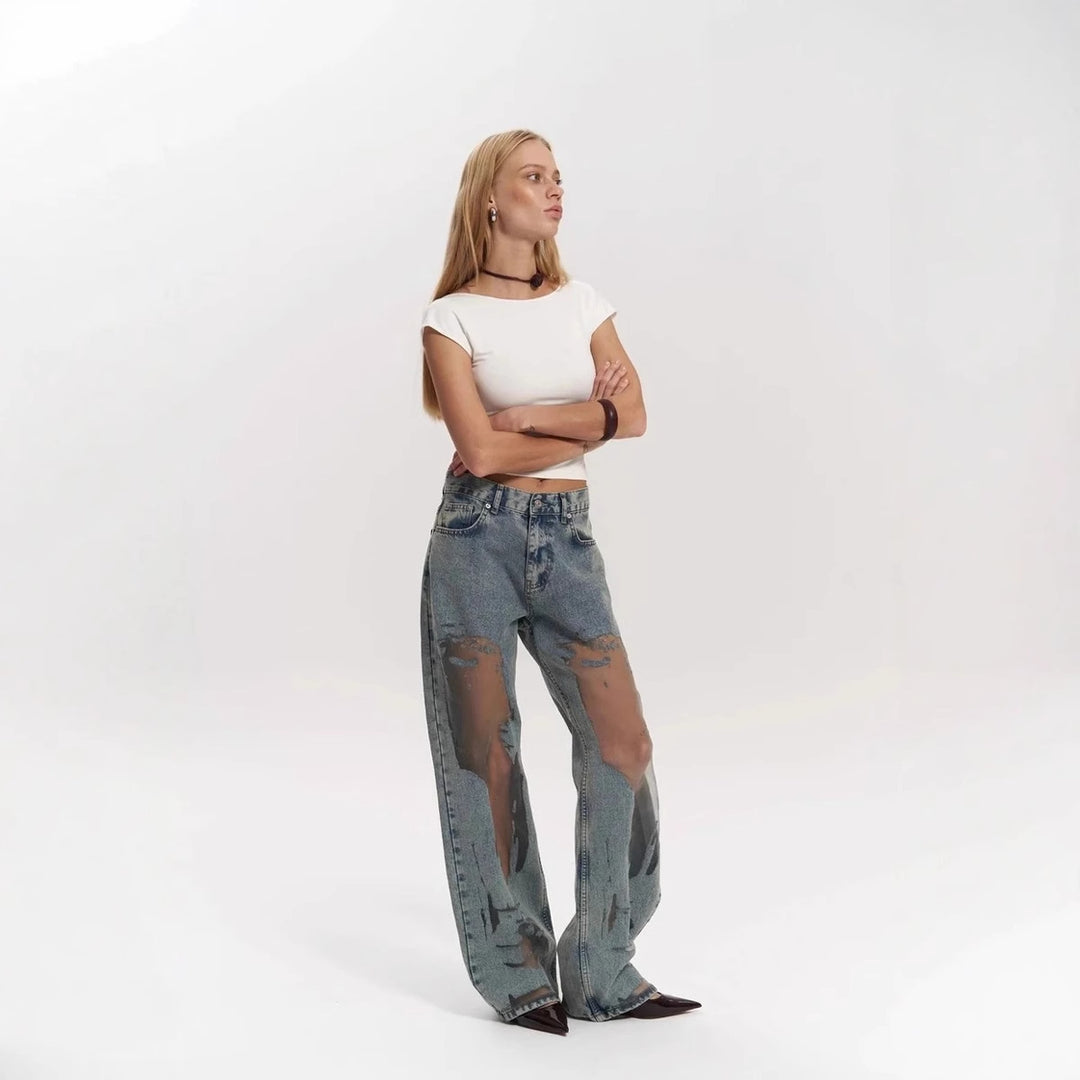 Retro Straight-leg Pants Hollow Texture Gradient Jeans