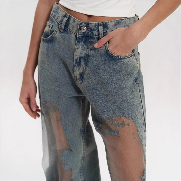Retro Straight-leg Pants Hollow Texture Gradient Jeans