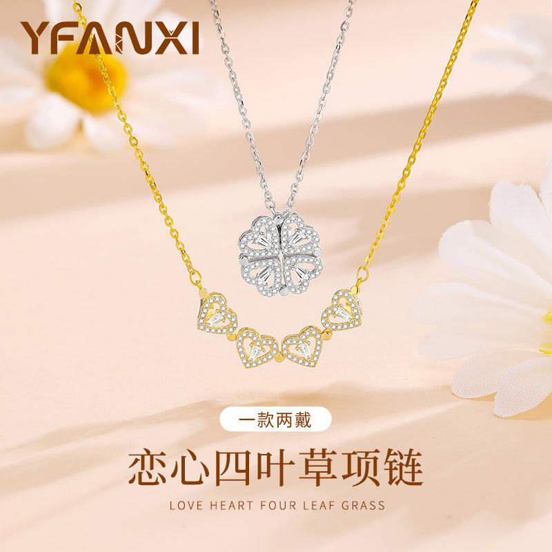 Four-Leaf Clover Foldable Sterling Silver Clavicle Chain Chinese Valentine's Day Gift