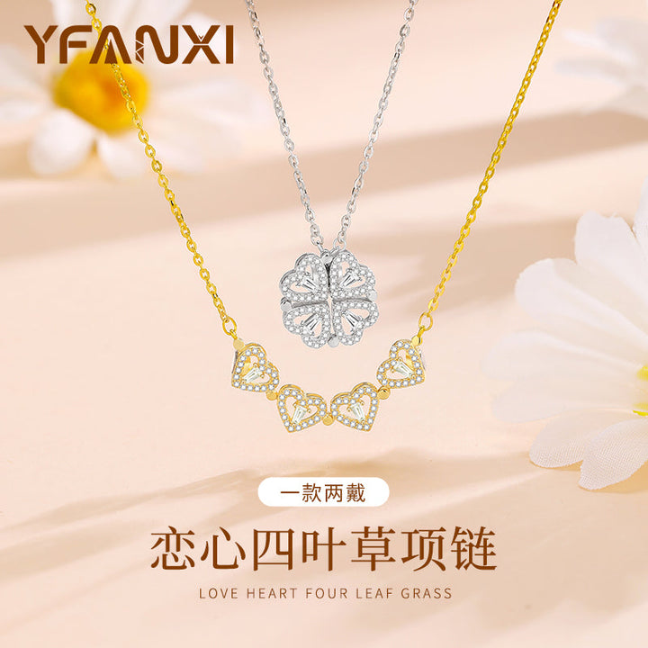 Four-Leaf Clover Foldable Sterling Silver Clavicle Chain Chinese Valentine's Day Gift