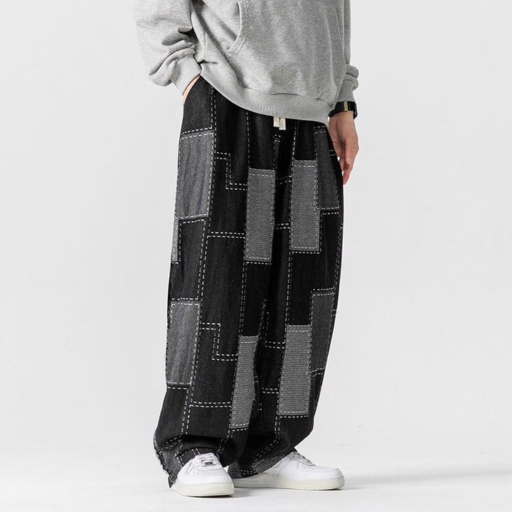 Retro Loose Plaid Stitching Wide Leg Straight Pants