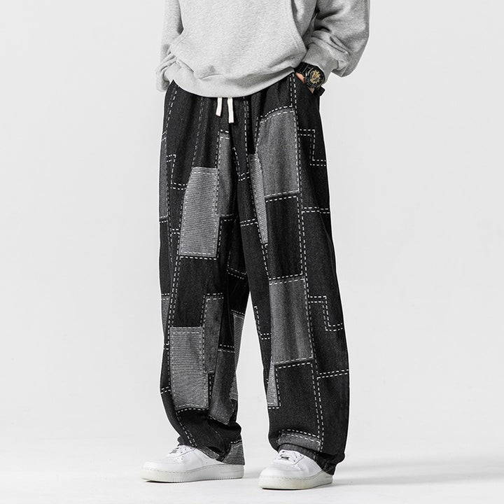 Retro Loose Plaid Stitching Wide Leg Straight Pants