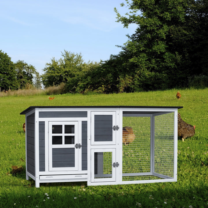 Outdoor Chicken Coop with Run Cage for 3-4 chickens, Wooden Hen House with Nesting Box and Pull Out Tray, Weatherproof Chicken Hutch for Rabbit, Poultry Pet, Duck, Gray