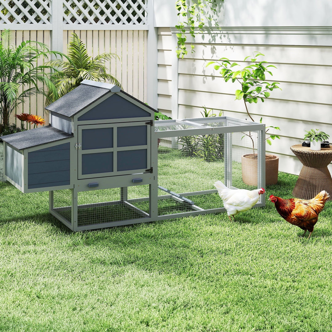 Outdoor Chicken Coop, Wooden Hen House with Nesting Box, Run, Resting Room, Ramp, Pull-Out Tray, Weatherproof, Patio Garden Pen Hutch for Ducks Poultry Pets, Easy to Clean, Gray