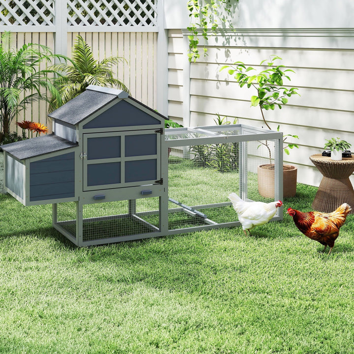 Outdoor Chicken Coop, Wooden Hen House with Nesting Box, Run, Resting Room, Ramp, Pull-Out Tray, Weatherproof, Patio Garden Pen Hutch for Ducks Poultry Pets, Easy to Clean, Gray