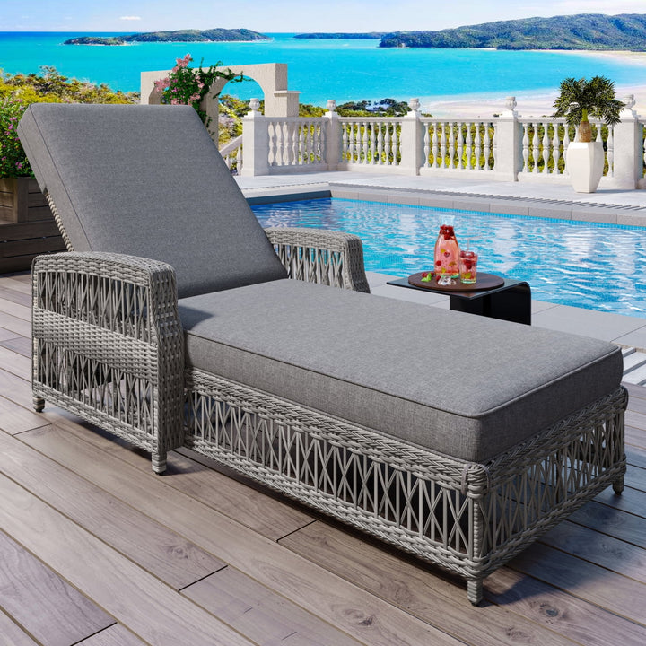 Outdoor Long Reclining Chaise, Wicker Lounge Chairs with 4 Level Position Adjustable Backrest, All Weather Patio Recliner with Armrests & Removable for Poolside Garden, Grey
