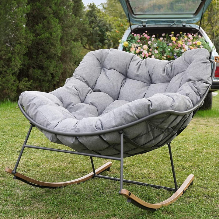 Outdoor Rocking Chair E-Coated Rocking Chair with Cushion Outdoor Rocker Recliner Chair for Patio Porch Garden Backyard, Gray