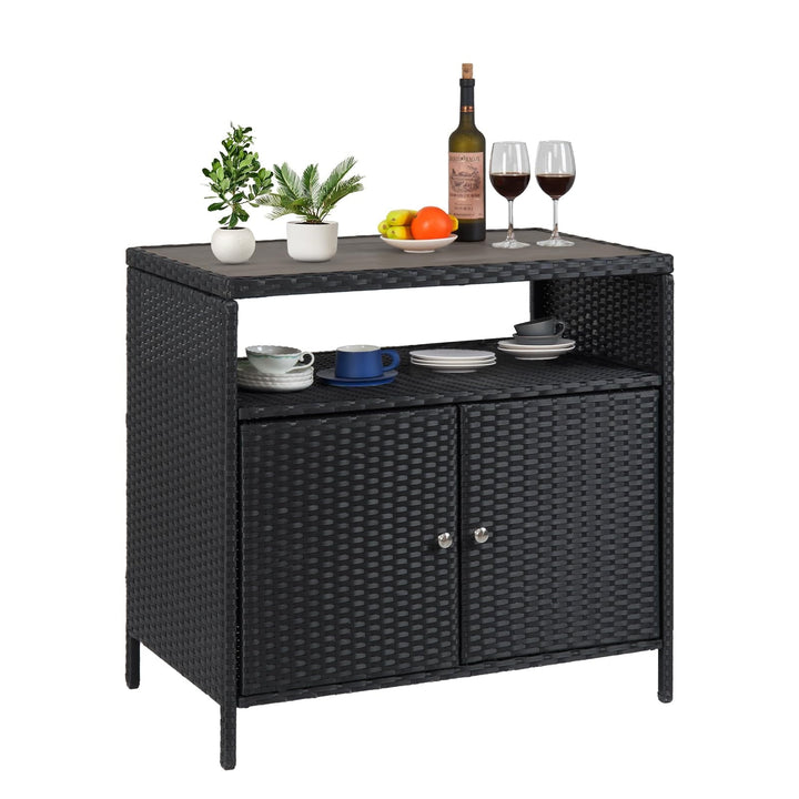 Outdoor Storage Cabinet with Doors, Weatherproof Wicker Patio Storage Box, Rattan Bar Table for Poolside, Backyard & Garden