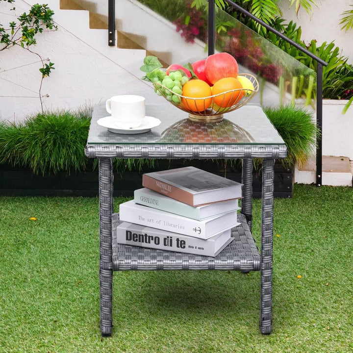 Outdoor Wicker Glass Top Side Table - Patio Rattan Square End Table with Storage, Grey