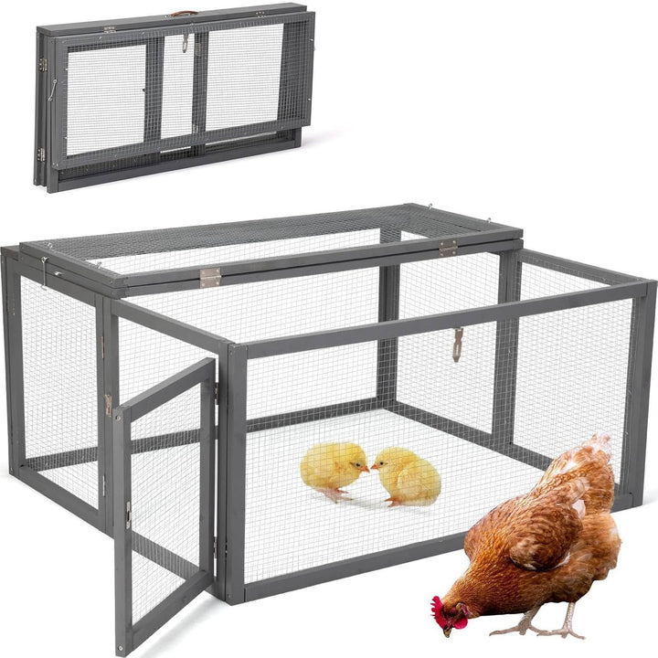 PRZL Chicken Coop Run Rabbit Hutch, Portable Chicken Cage Pens with Top & Side Opening Doors, Folding Wooden Chicken Coop, Outdoor Indoor Small Animal Playpen, Chicken Brooder Box, 45.3Inch (Grey)