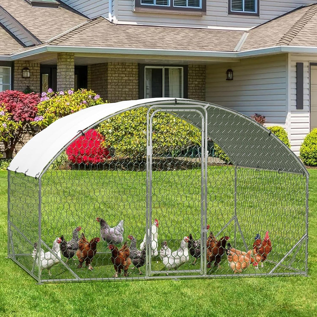 Pinypikaka Large Metal Chicken Coop for 6 to 10 Chickens, Chicken Pens Outdoor with Top for Chicks, Ducks 6.5'L x 9.8' Wx 6.5'H Dome Walk-in Poultry Cage with Waterproof Cover for Yard, Outdoor Farm
