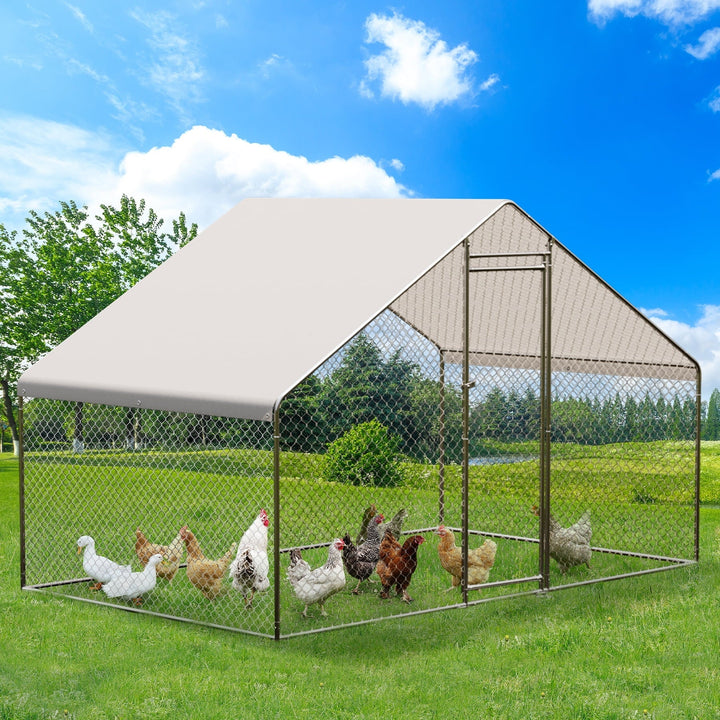Pinypikaka Large Metal Chicken Coop 9.8'x6.5'x6.5' Walk-in Poultry Cage, Chicken Run Pen House with Waterproof Anti-Ultraviolet Cover for Yard, Outdoor Farm