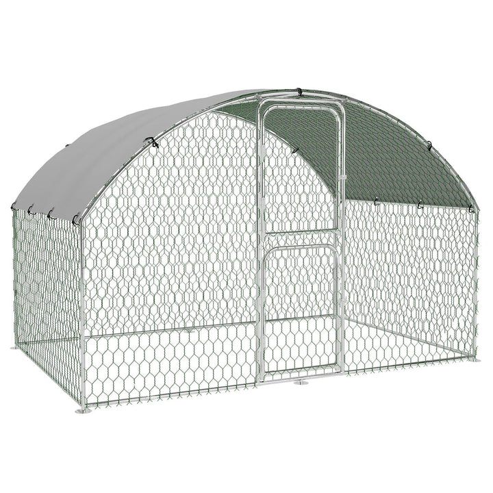 Pinypikaka Metal Chicken Coop, 9.8' x 6.5' x 6.5' Large Chicken Coop with Double Door & Waterproof Cover, Walk-in Poultry Cage with Run, Doom Roof Duck Rabbit House for Outdoor Backyard Farm