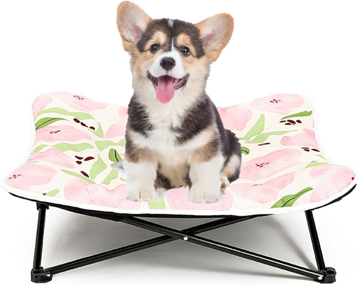 Portable Raised Pet Cot Outdoor Elevated Dog Bed Folding Cat Pet Bed with Padded Filling for Indoor, Traveling, Camping(Pink,65x65x25cm)