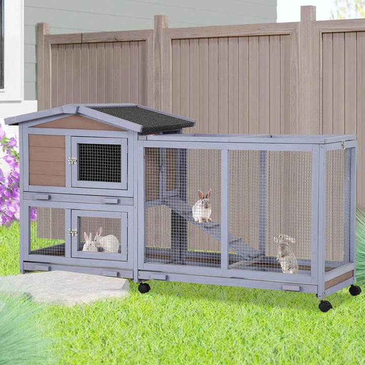 Rabbit Cage, Critter Cage, Two Tier 58" Wheeled Wooden Bunny Cage, Rabbit Hutch Outdoor with Waterproof Roof & 3 Sliding Bottom Trays for Easy Cleaning, Multi-Door Design, Grey
