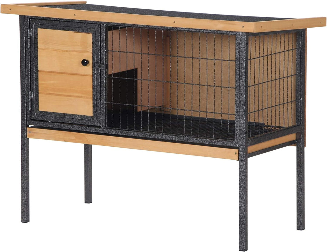 Rabbit Hutch Elevated Bunny Cage Small Animal Habitat with Metal Frame, No Leak Tray, Mtetal Wire Pan and Openable Water-Resistant Asphalt Roof for Indoor/Outdoor Natural Wood