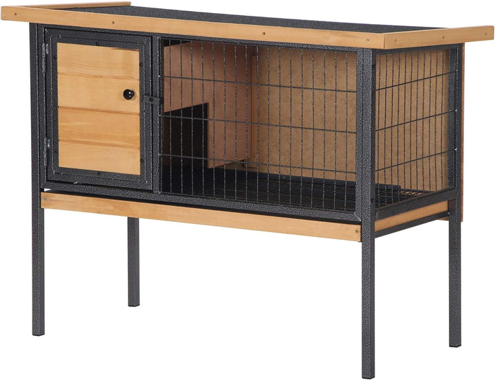 Rabbit Hutch Elevated Bunny Cage Small Animal Habitat with Metal Frame, No Leak Tray, Mtetal Wire Pan and Openable Water-Resistant Asphalt Roof for Indoor/Outdoor Natural Wood