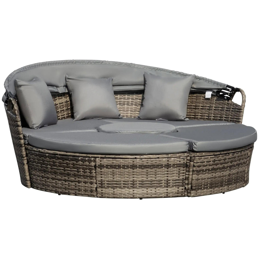 Resenkos 4-Piece Round Convertible Daybed with Cushions, Outdoor Sectional Furniture, PE Rattan, Gray