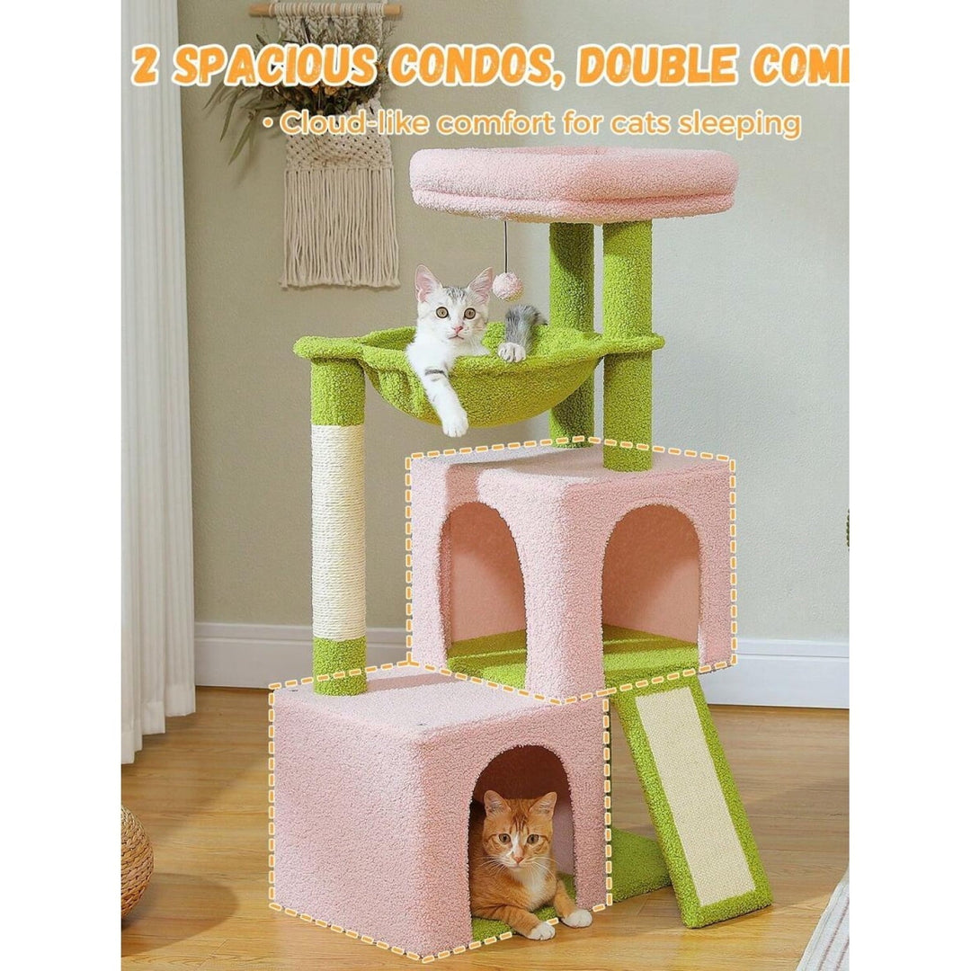 Road Large Cat Tree,41 Inches Multi-Level Cat Tower with 2 Spacious Condos for Large Indoor Cats,Pink Flower Cat House with Comfy Hammock