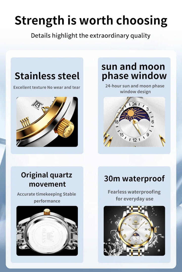 OLEVS Trend Fasahion Men's Watches Stainless Steel Original Quartz Watch for Man Waterproof Luminous Date Moon Phase Wristwatch