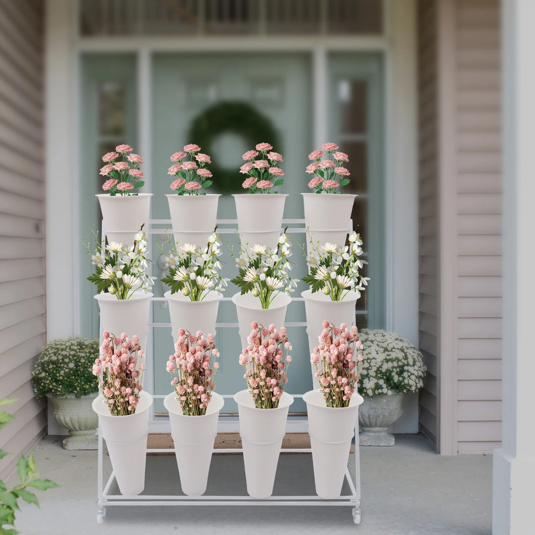 3 Layers Flower Display Stand Movable Modern Metal Plant Shelf with 12Pcs Flower Buckets & Wheels for Home Garden Patio Balcony