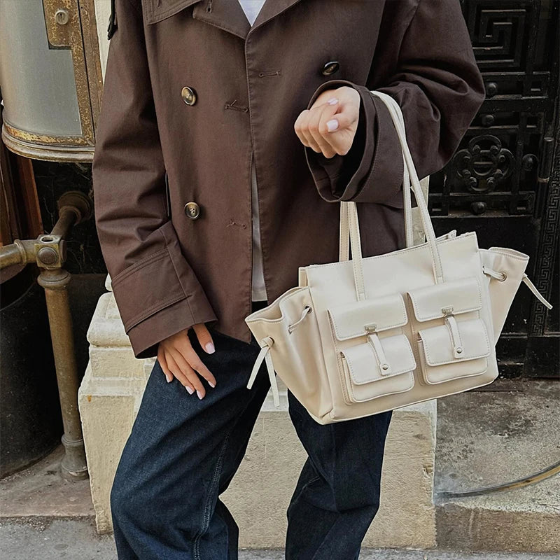 Luxury Brand Silver Buckle Fashion Genuine Leather Handbag New Large Capacity Tote Bag Designer Women's Commuter Shoulder Bag