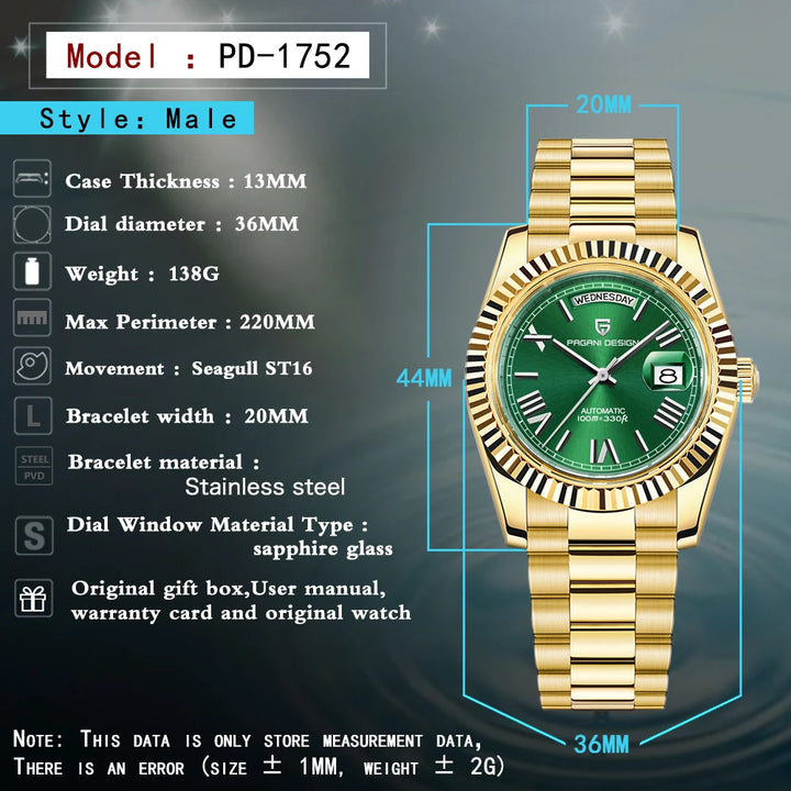 PAGANI DESIGN DD36 Gold Green V2 Men's Mechanical Watches Luxury Automatic Watch For Men 2024 New AR Sapphire glass Wrist watch