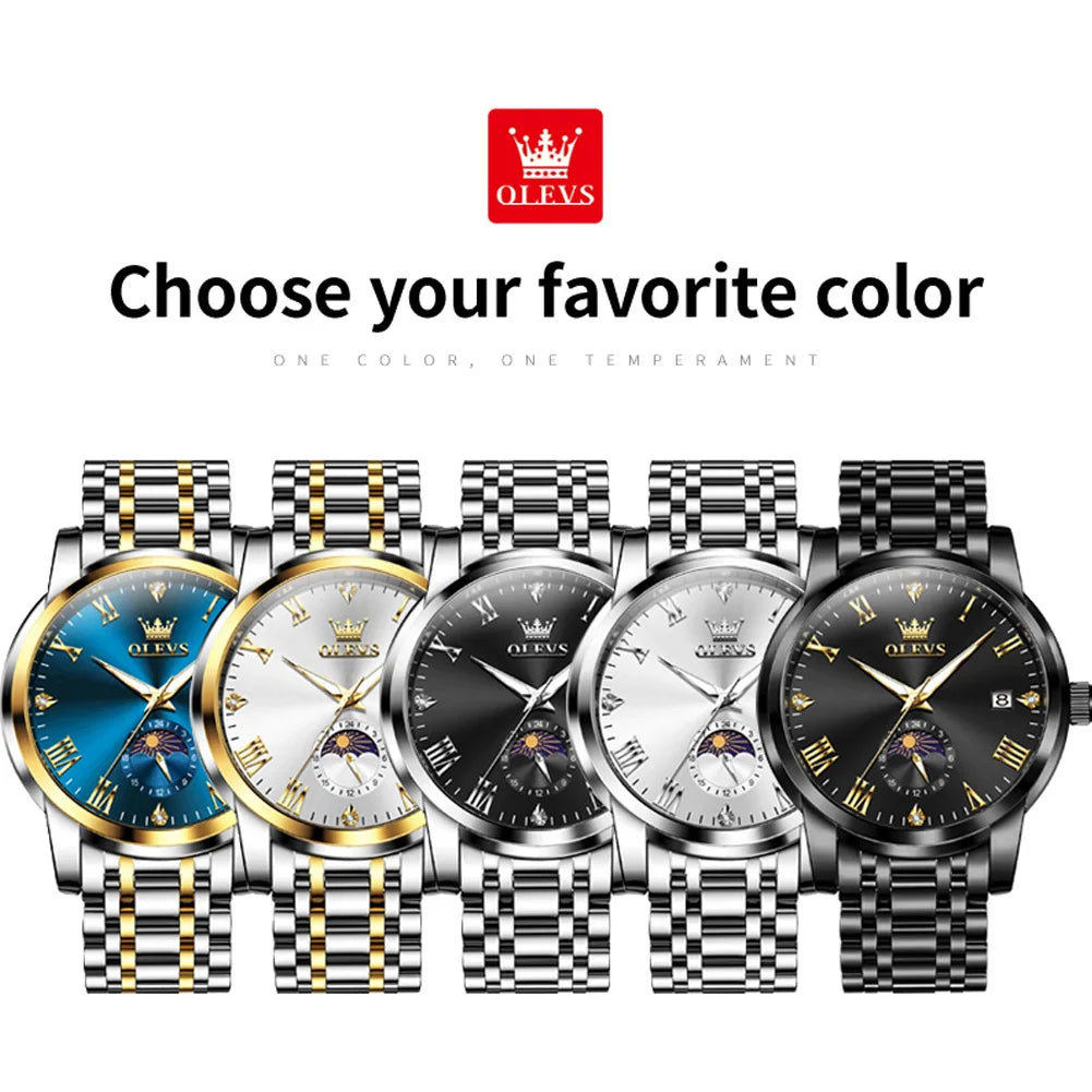 OLEVS Trend Fasahion Men's Watches Stainless Steel Original Quartz Watch for Man Waterproof Luminous Date Moon Phase Wristwatch