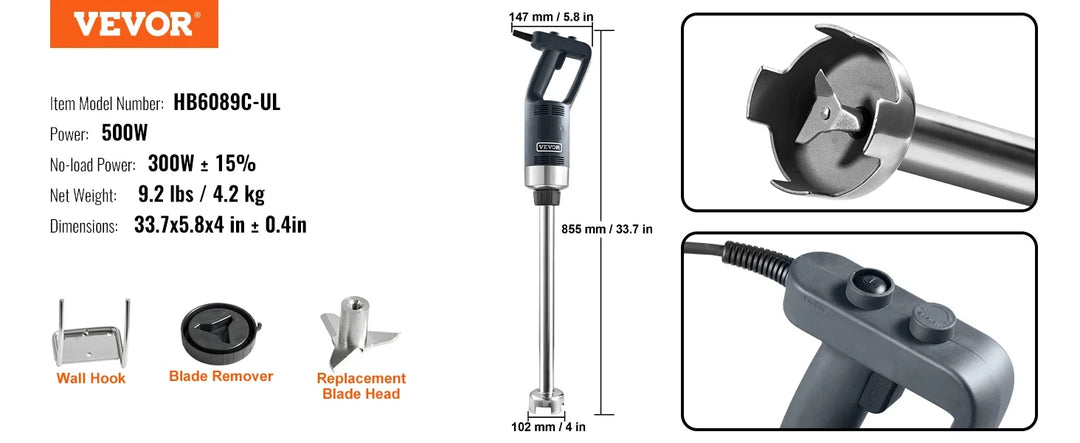 VEVOR Commercial Immersion Blender 500W 12/20inch Heavy Duty Hand Mixer Kitchen Stick Mixer for Soup Smoothie Puree Baby Food