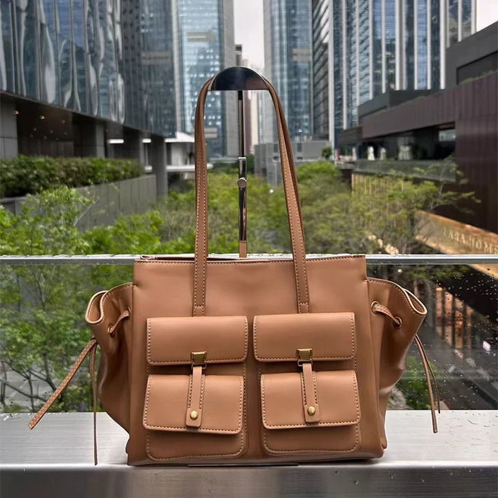 Luxury Brand Silver Buckle Fashion Genuine Leather Handbag New Large Capacity Tote Bag Designer Women's Commuter Shoulder Bag