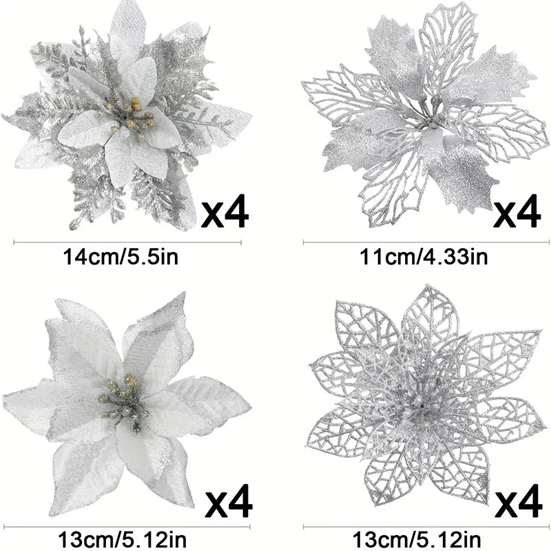 Glitter Artificial Christmas Flowers Set