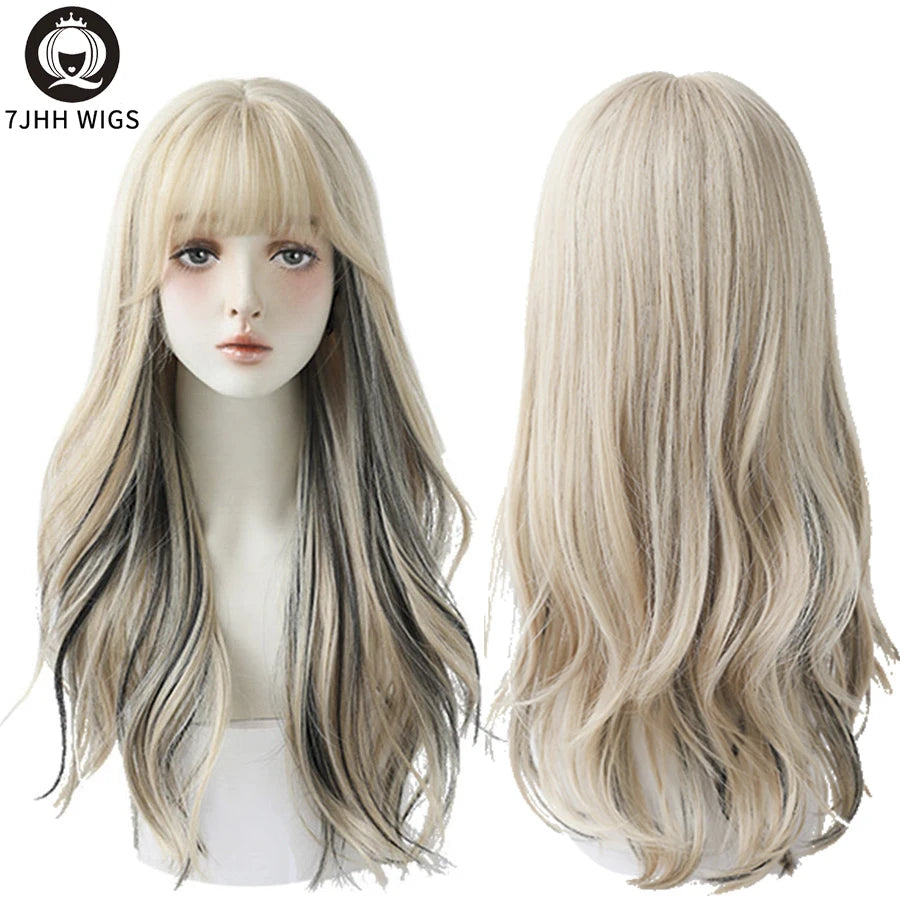 7JHHWIGS Long Wavy Synthetic Black Wigs For Women With Fringe Fashion Heat Resistant Mid-Length Daily Straight Light Brown Hair