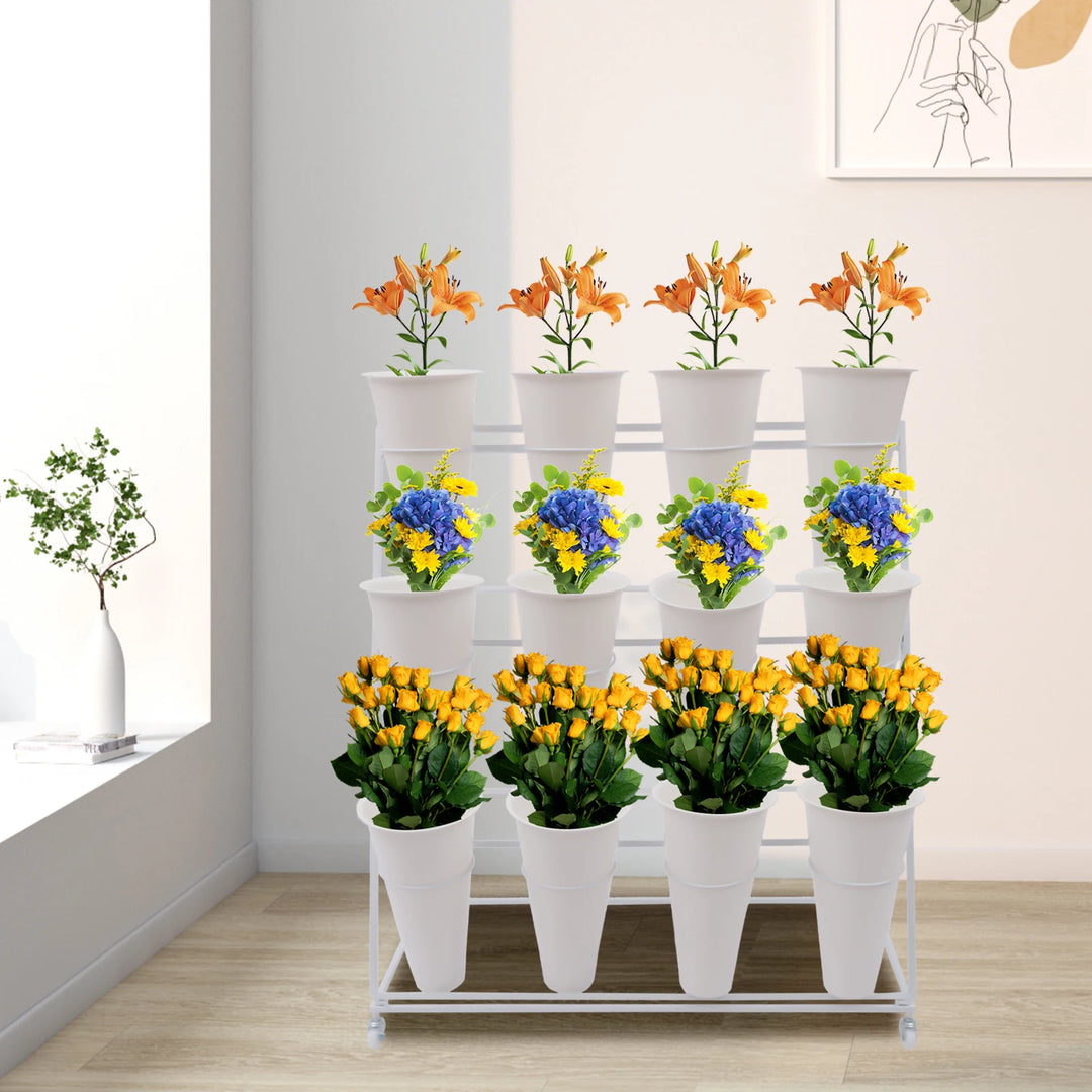 3 Layers Flower Display Stand Movable Modern Metal Plant Shelf with 12Pcs Flower Buckets & Wheels for Home Garden Patio Balcony