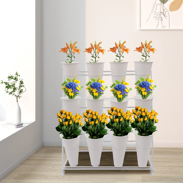 3 Layers Flower Display Stand Movable Modern Metal Plant Shelf with 12Pcs Flower Buckets & Wheels for Home Garden Patio Balcony