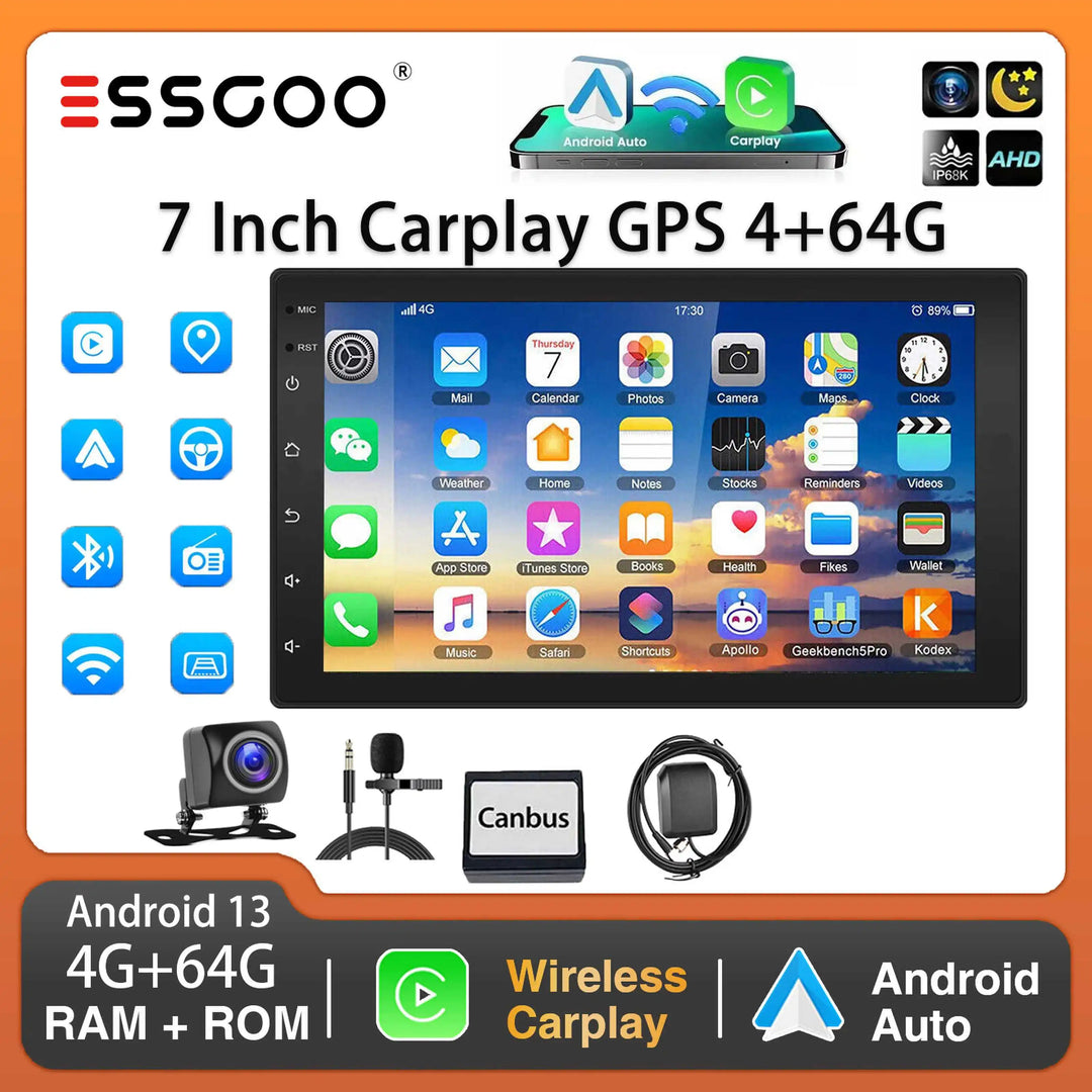 ESSGOO Car Stereo Radio Wireless CarPlay Android Auto 2 DIN 7" Car Stereo HD FM-Radio GPS Touch Screen Head Unit 4+64G DAB+AHD
