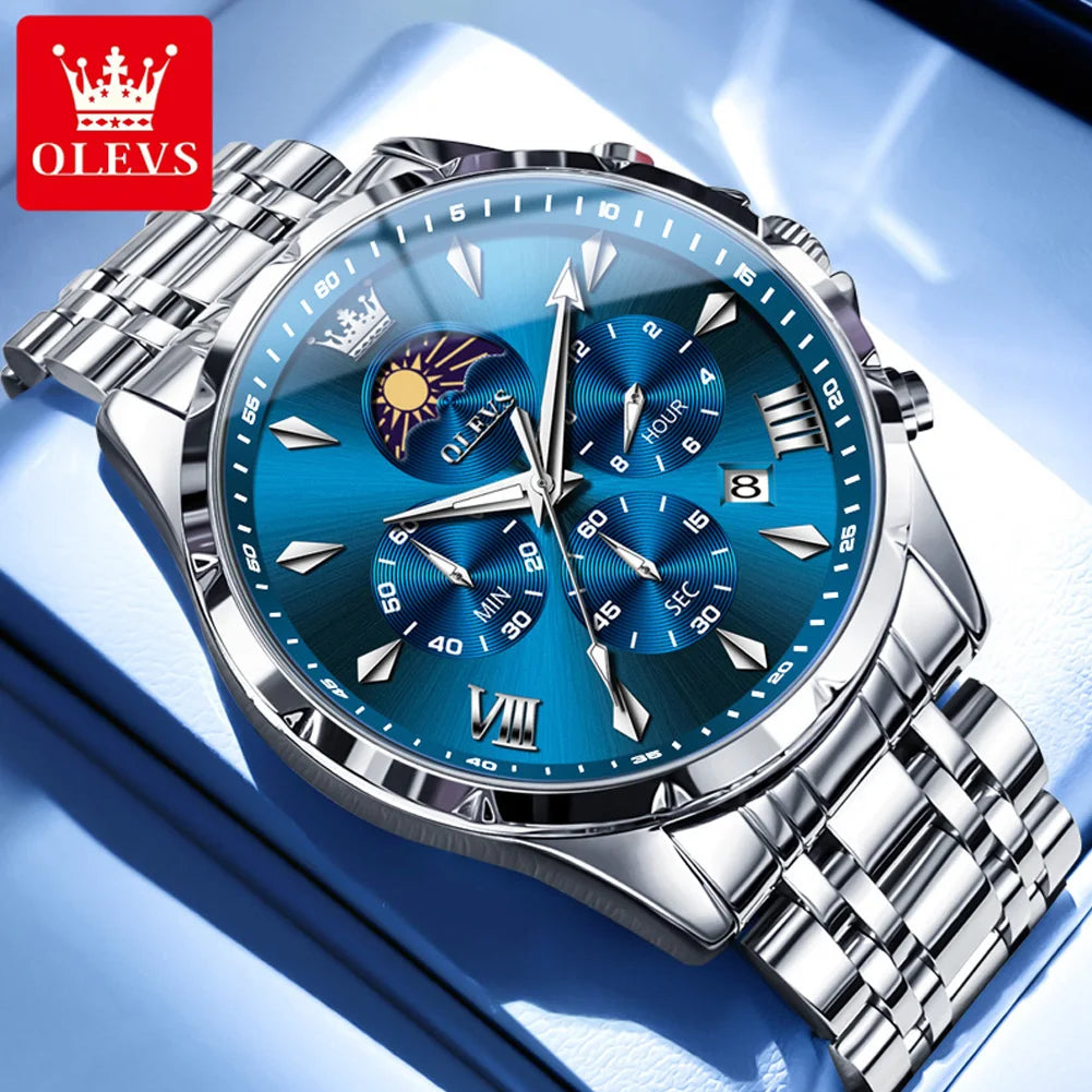 OLEVS Top Moon Phase Fashion Men's Watches Stainless steel Waterproof Quartz Watch for Man Calendar Luminous Daily Wristwatch