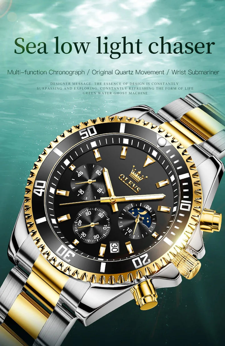 OLEVS Moon Phase Men's Watches Original Waterproof Luxury Quartz Watch Stainless Steel Chronograph Date Rota Dial Wristwatch