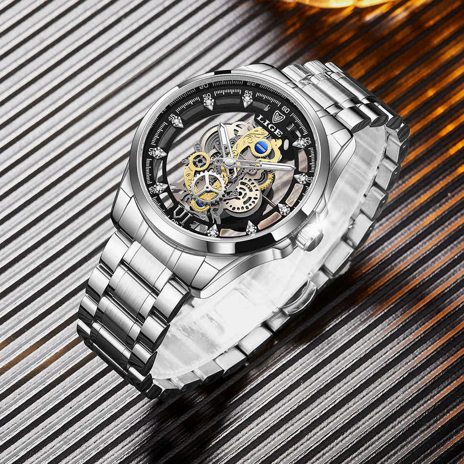LIGE New Fashion Mens Watches Top Brand Luxury Hollow Watch Men Military Sports Waterproof Quartz Watch For Men Montre Homme+BOX