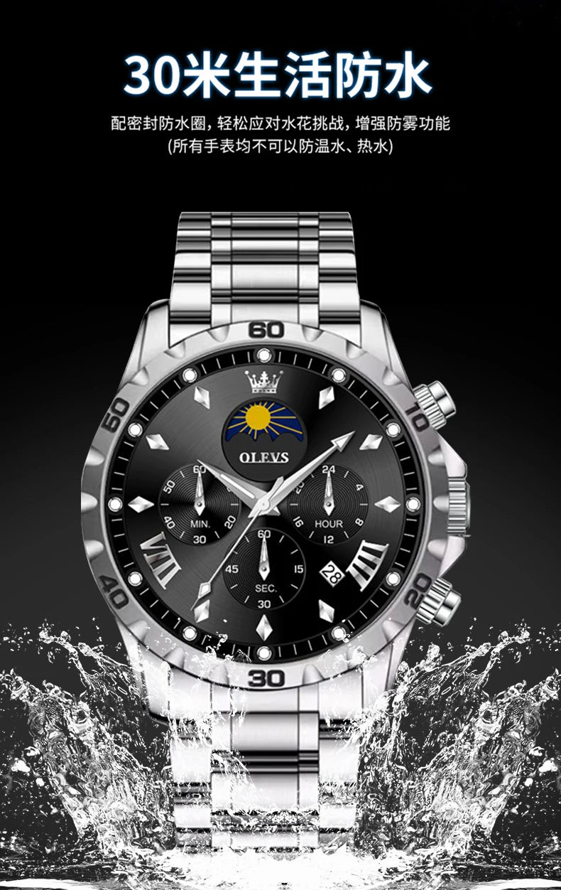 OLEVS Original Moon Phase Men Watches Luminous Skeleton Waterproof Quartz Watch Calendar Chronograph Stainless Steel Wristwatch